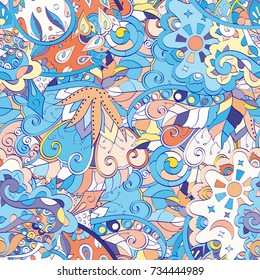 Tracery seamless pattern. Mehndi design. Ethnic colorful doodle texture. Curved doodling background. Vector