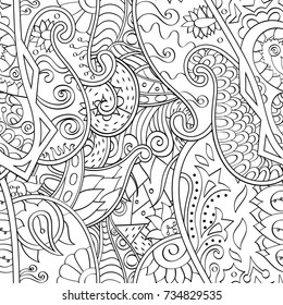 Tracery seamless pattern. Mehndi design. Ethnic monochrome binary doodle texture. Curved doodling black and white background. Vector