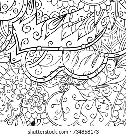Tracery seamless pattern. Mehndi design. Ethnic monochrome binary doodle texture. Curved doodling black and white background. Vector