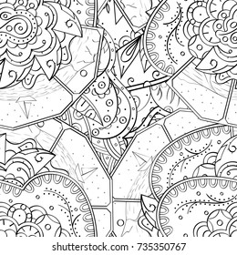 Tracery seamless pattern. Mehndi design. Ethnic monochrome binary doodle texture. Curved doodling black and white background. Vector