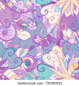 Tracery seamless pattern. Mehndi design. Ethnic colorful doodle texture. Curved doodling background. Vector
