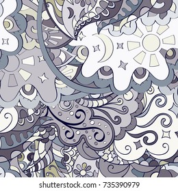 Tracery seamless pattern. Mehndi design. Ethnic colorful doodle texture. Curved doodling background. Vector