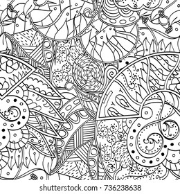 Tracery seamless pattern. Mehndi design. Ethnic monochrome binary doodle texture. Curved doodling black and white background. Vector
