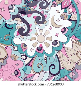 Tracery seamless pattern. Mehndi design. Ethnic colorful doodle texture. Curved doodling background. Vector