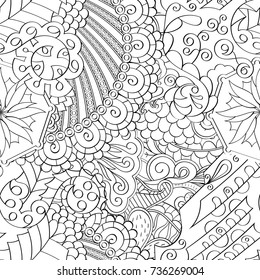 Tracery seamless pattern. Mehndi design. Ethnic monochrome binary doodle texture. Curved doodling black and white background. Vector