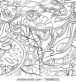 Tracery seamless pattern. Mehndi design. Ethnic monochrome binary doodle texture. Curved doodling black and white background. Vector