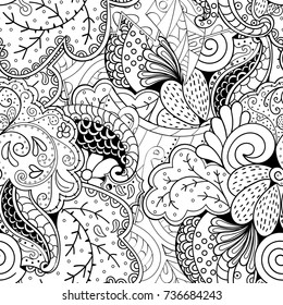 Tracery seamless pattern. Mehndi design. Ethnic monochrome binary doodle texture. Curved doodling black and white background. Vector