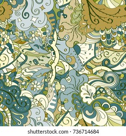Tracery seamless pattern. Mehndi design. Ethnic colorful doodle texture. Curved doodling background. Vector