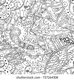 Tracery seamless pattern. Mehndi design. Ethnic monochrome binary doodle texture. Curved doodling black and white background. Vector