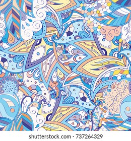 Tracery seamless pattern. Mehndi design. Ethnic colorful doodle texture. Curved doodling background. Vector