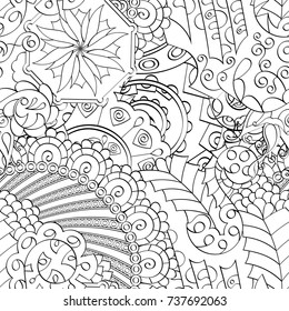 Tracery seamless pattern. Mehndi design. Ethnic monochrome binary doodle texture. Curved doodling black and white background. Vector
