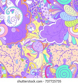 Tracery seamless pattern. Mehndi design. Ethnic colorful doodle texture. Curved doodling background. Vector