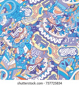 Tracery seamless pattern. Mehndi design. Ethnic colorful doodle texture. Curved doodling background. Vector