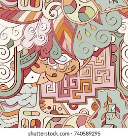 Tracery seamless pattern. Mehndi design. Ethnic colorful doodle texture. Curved doodling background. Vector