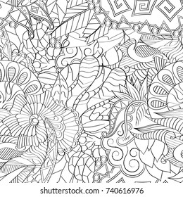 Tracery seamless pattern. Mehndi design. Ethnic monochrome binary doodle texture. Curved doodling black and white background. Vector