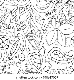 Tracery seamless pattern. Mehndi design. Ethnic monochrome binary doodle texture. Curved doodling black and white background. Vector