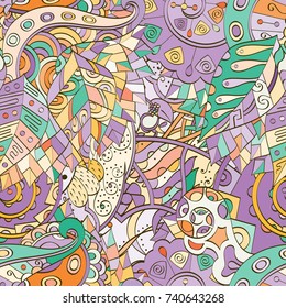 Tracery seamless pattern. Mehndi design. Ethnic colorful doodle texture. Curved doodling background. Vector