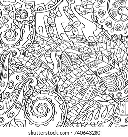 Tracery seamless pattern. Mehndi design. Ethnic monochrome binary doodle texture. Curved doodling black and white background. Vector