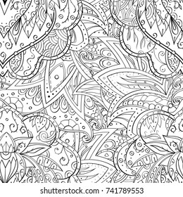 Tracery seamless pattern. Mehndi design. Ethnic monochrome binary doodle texture. Curved doodling black and white background. Vector