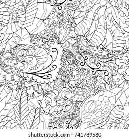 Tracery seamless pattern. Mehndi design. Ethnic monochrome binary doodle texture. Curved doodling black and white background. Vector