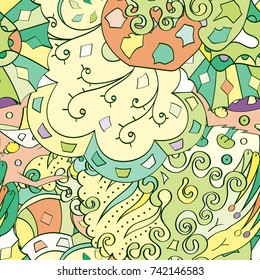 Tracery seamless pattern. Mehndi design. Ethnic colorful doodle texture. Curved doodling background. Vector