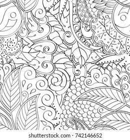 Tracery seamless pattern. Mehndi design. Ethnic monochrome binary doodle texture. Curved doodling black and white background. Vector