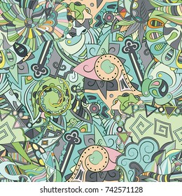 Tracery seamless pattern. Mehndi design. Ethnic colorful doodle texture. Curved doodling background. Vector