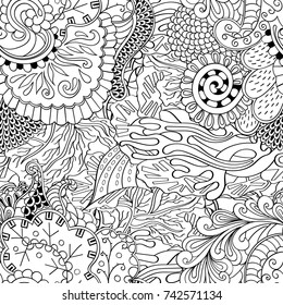 Tracery seamless pattern. Mehndi design. Ethnic monochrome binary doodle texture. Curved doodling black and white background. Vector
