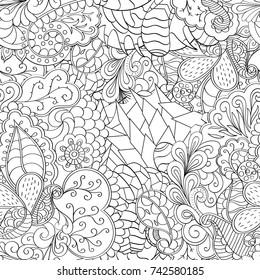 Tracery seamless pattern. Mehndi design. Ethnic monochrome binary doodle texture. Curved doodling black and white background. Vector