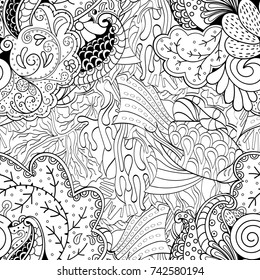 Tracery seamless pattern. Mehndi design. Ethnic monochrome binary doodle texture. Curved doodling black and white background. Vector