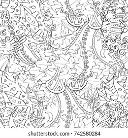 Tracery seamless pattern. Mehndi design. Ethnic monochrome binary doodle texture. Curved doodling black and white background. Vector