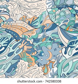 Tracery seamless pattern. Mehndi design. Ethnic colorful doodle texture. Curved doodling background. Vector