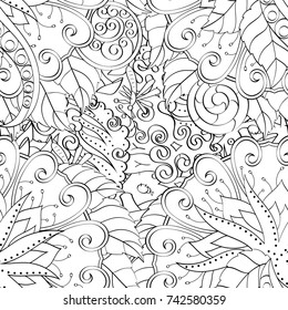 Tracery seamless pattern. Mehndi design. Ethnic monochrome binary doodle texture. Curved doodling black and white background. Vector