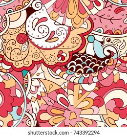 Tracery seamless pattern. Mehndi design. Ethnic colorful doodle texture. Curved doodling background. Vector