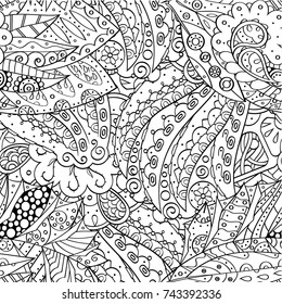 Tracery seamless pattern. Mehndi design. Ethnic monochrome binary doodle texture. Curved doodling black and white background. Vector