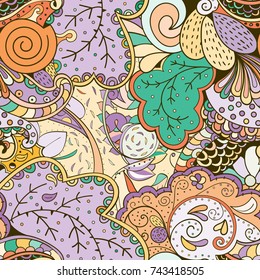 Tracery seamless pattern. Mehndi design. Ethnic colorful doodle texture. Curved doodling background. Vector