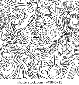 Tracery seamless pattern. Mehndi design. Ethnic monochrome binary doodle texture. Curved doodling black and white background. Vector