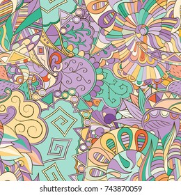 Tracery seamless pattern. Mehndi design. Ethnic colorful doodle texture. Curved doodling background. Vector