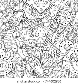 Tracery seamless pattern. Mehndi design. Ethnic monochrome binary doodle texture. Curved doodling black and white background. Vector