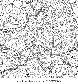 Tracery seamless pattern. Mehndi design. Ethnic monochrome binary doodle texture. Curved doodling black and white background. Vector