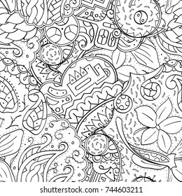 Tracery seamless pattern. Mehndi design. Ethnic monochrome binary doodle texture. Curved doodling black and white background. Vector