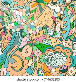 Tracery seamless pattern. Mehndi design. Ethnic colorful doodle texture. Curved doodling background. Vector