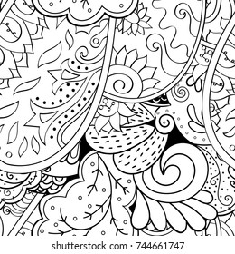 Tracery seamless pattern. Mehndi design. Ethnic monochrome binary doodle texture. Curved doodling black and white background. Vector