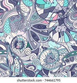 Tracery seamless pattern. Mehndi design. Ethnic colorful doodle texture. Curved doodling background. Vector
