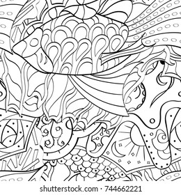 Tracery seamless pattern. Mehndi design. Ethnic monochrome binary doodle texture. Curved doodling black and white background. Vector