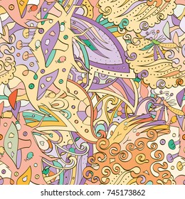 Tracery seamless pattern. Mehndi design. Ethnic colorful doodle texture. Curved doodling background. Vector