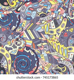 Tracery seamless pattern. Mehndi design. Ethnic colorful doodle texture. Curved doodling background. Vector
