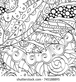 Tracery seamless pattern. Mehndi design. Ethnic monochrome binary doodle texture. Curved doodling black and white background. Vector