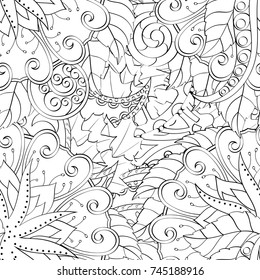 Tracery seamless pattern. Mehndi design. Ethnic monochrome binary doodle texture. Curved doodling black and white background. Vector