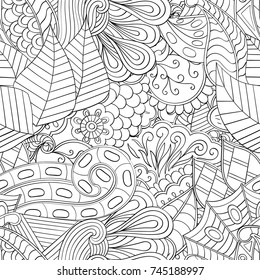 Tracery seamless pattern. Mehndi design. Ethnic monochrome binary doodle texture. Curved doodling black and white background. Vector